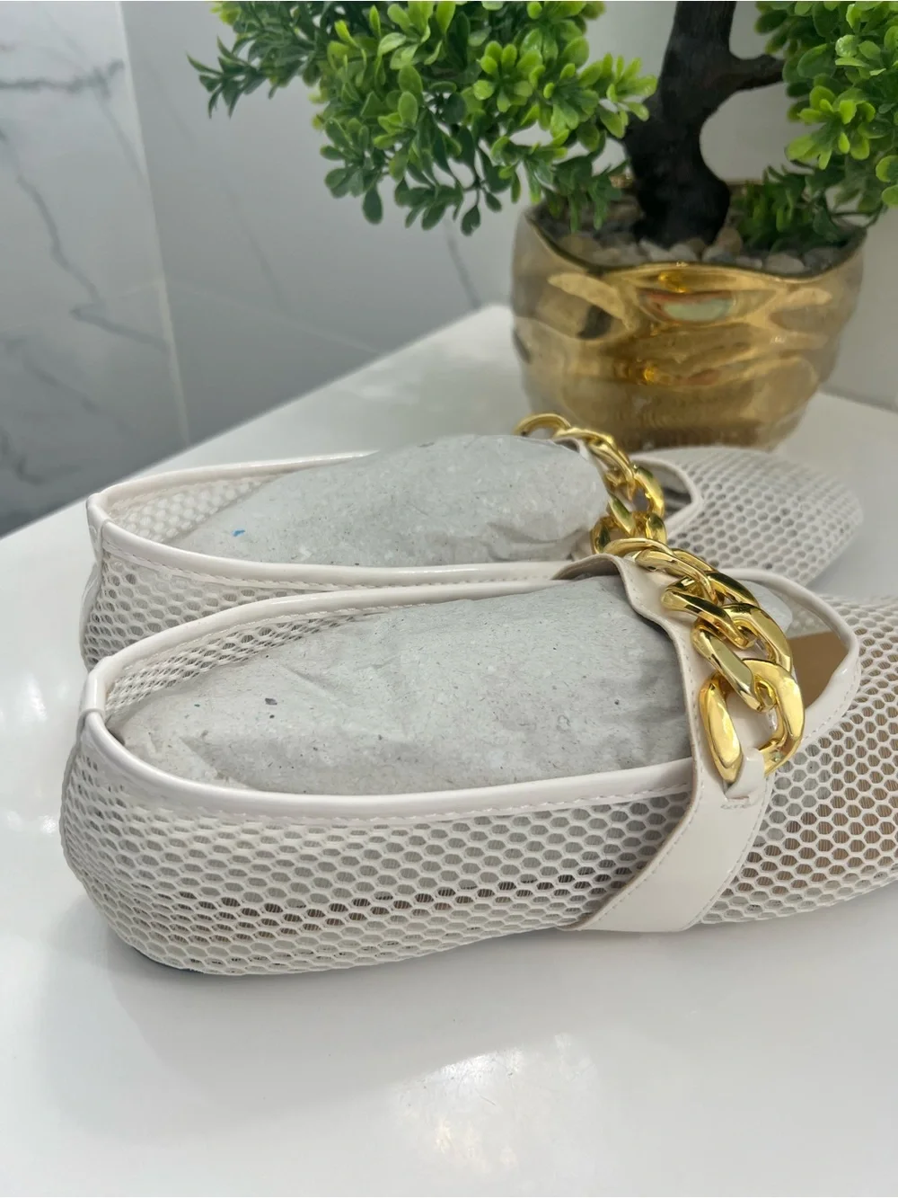 Women’s White Mesh Slip-On Loafers with Gold Chain Accent